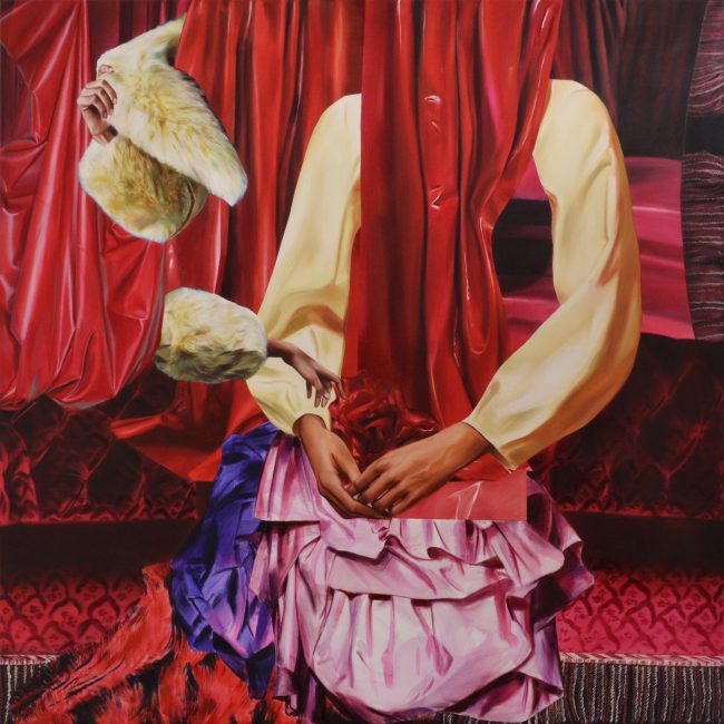 Martyna Borowiecka. The thin curtains of appearances revealing unsightly reality remained intact. 115 x 115 cm. Oil on canvas. 2018.